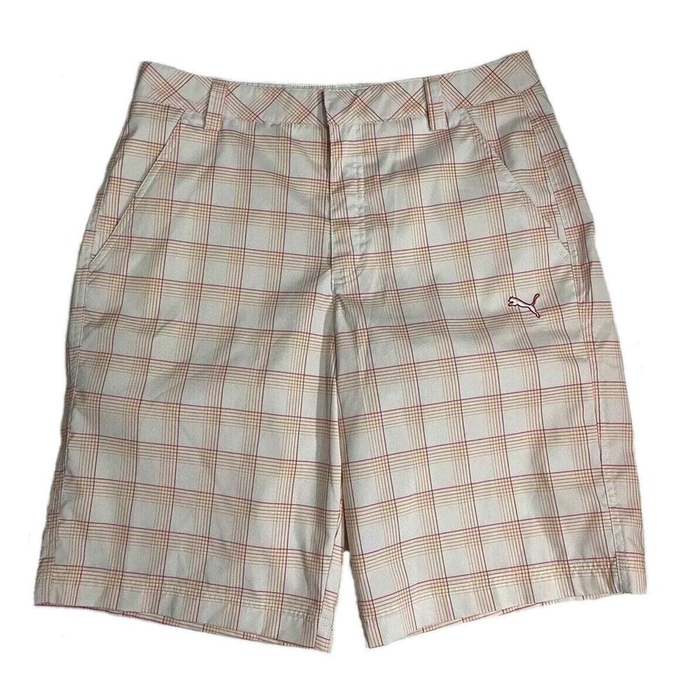 Puma Mens Golf Shorts Flat Front Pockets Lightweight White plaid 32